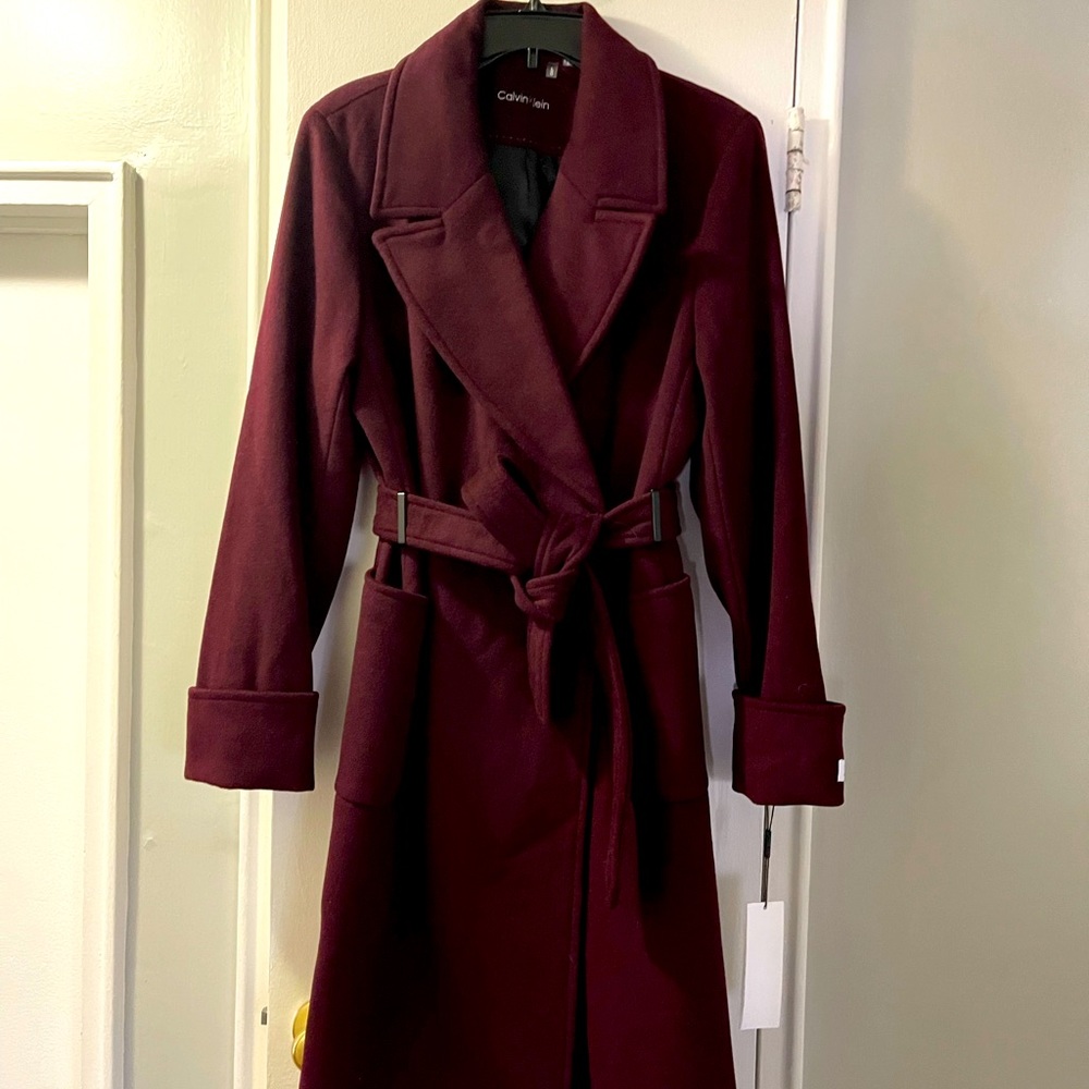 Calvin Klein Wool Blend Trench Wrap Maxi Coat with Side Splits Size Extr…